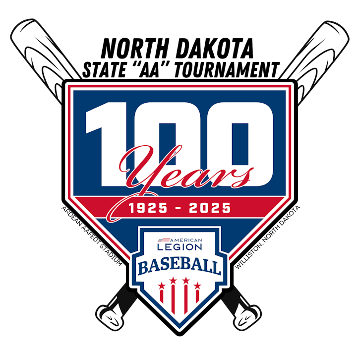 American Legion Baseball 100th anniversary logo, 1925-2025, with crossed bats and stars.