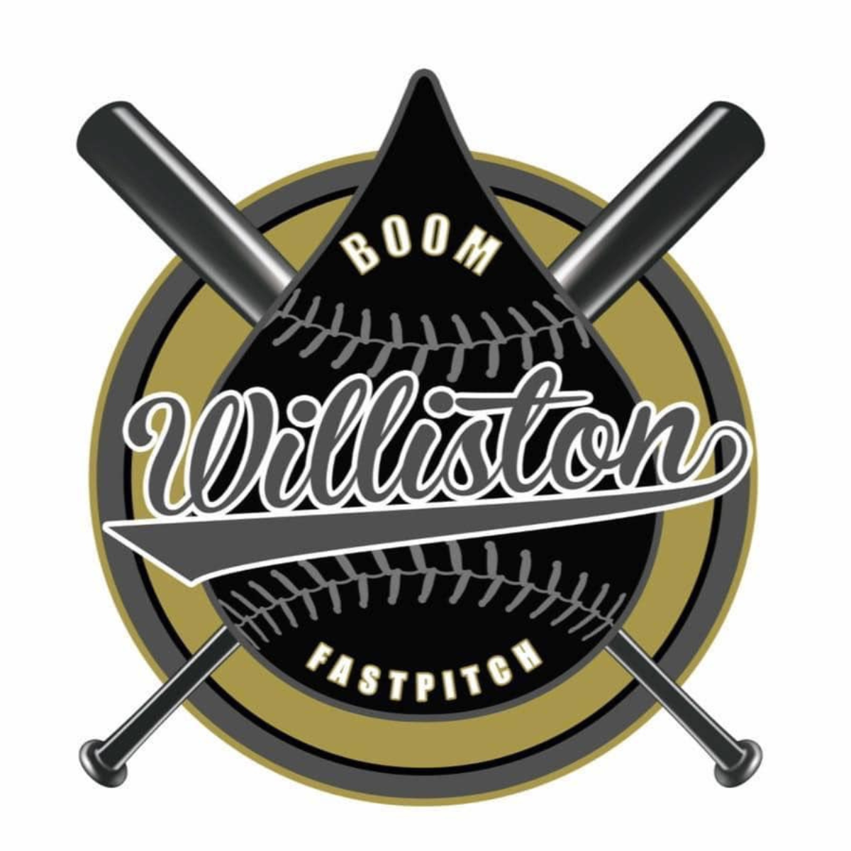 The image features a logo for the Williston Boom Fastpitch team, with baseball elements and crossed bats.