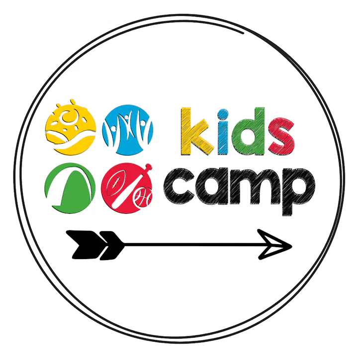 A colorful logo with the words "Kids Camp" and playful icons suggestive of activities, encircled by a black line.