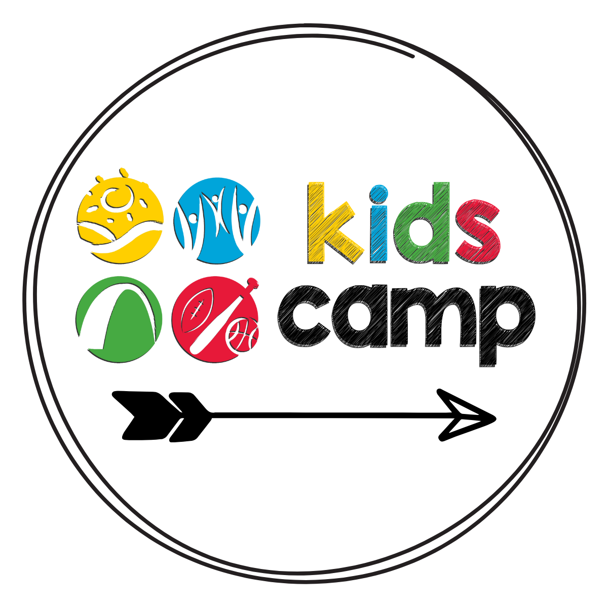 A colorful logo with the words "Kids Camp" and playful icons suggestive of activities, encircled by a black line.