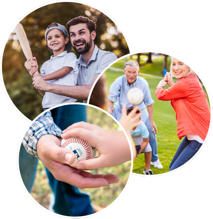 Families playing baseball in a park; a child batting, adults pitching, and holding a baseball.