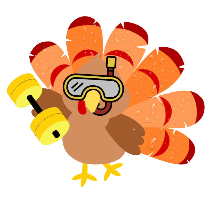 A cartoon turkey with a snorkel and dumbbell.