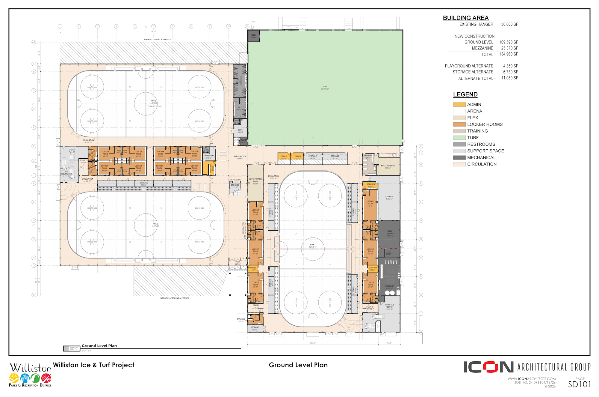 It's a floor plan for the Williston Ice & Turf Project, showing areas for arenas, locker rooms, training, and admin spaces.
