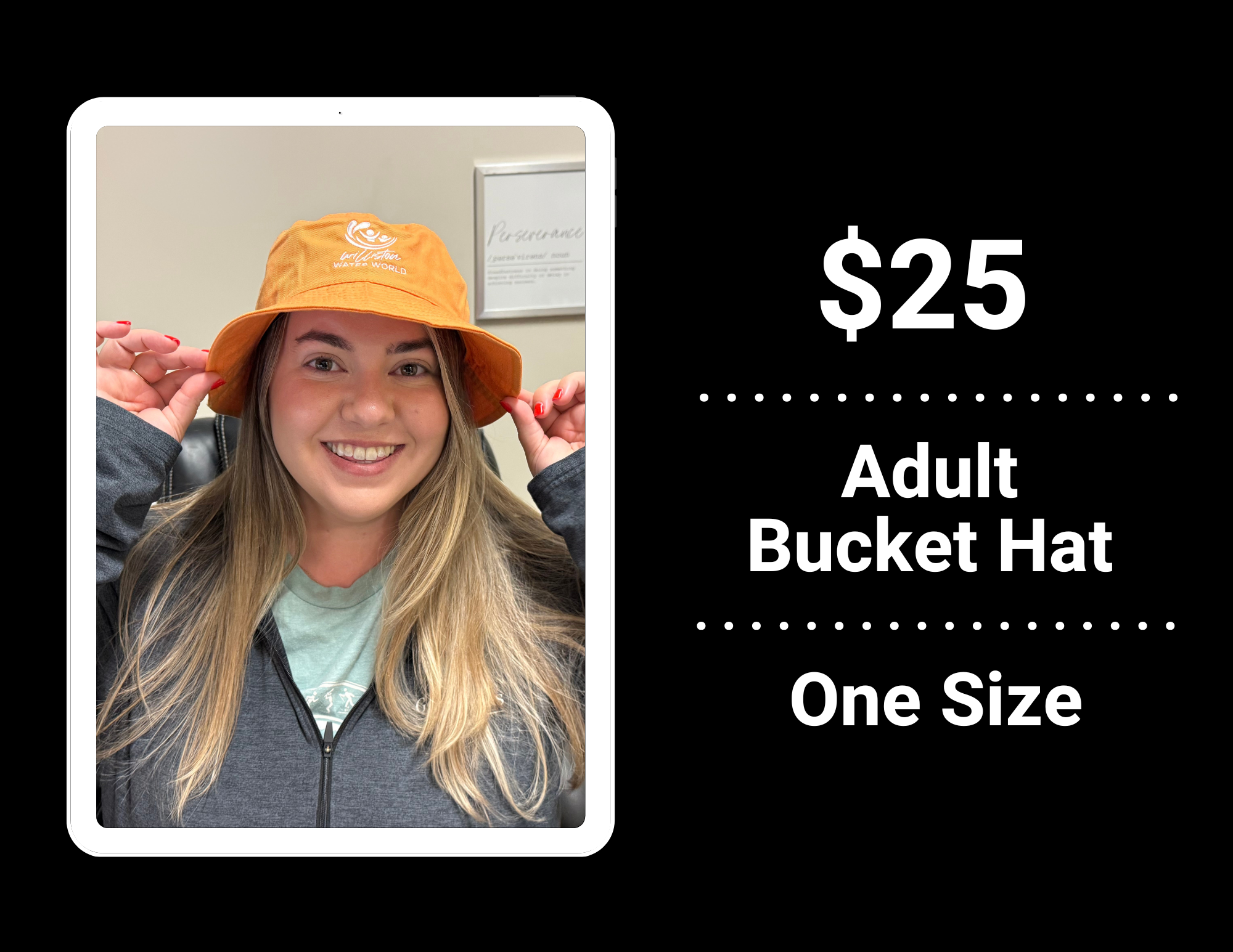 A smiling person wearing an orange bucket hat; price displayed as $25, labeled as "Adult Bucket Hat One Size".
