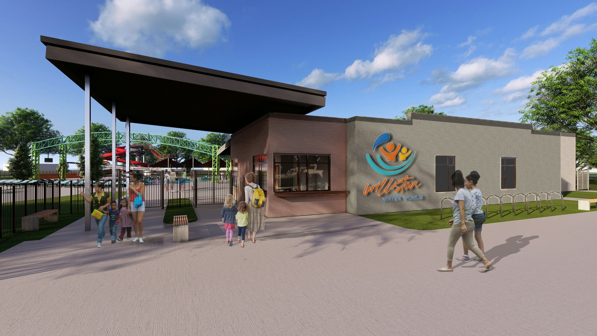 Entrance of "Williston Water World" with people walking towards it, featuring a futuristic design and vibrant surroundings.