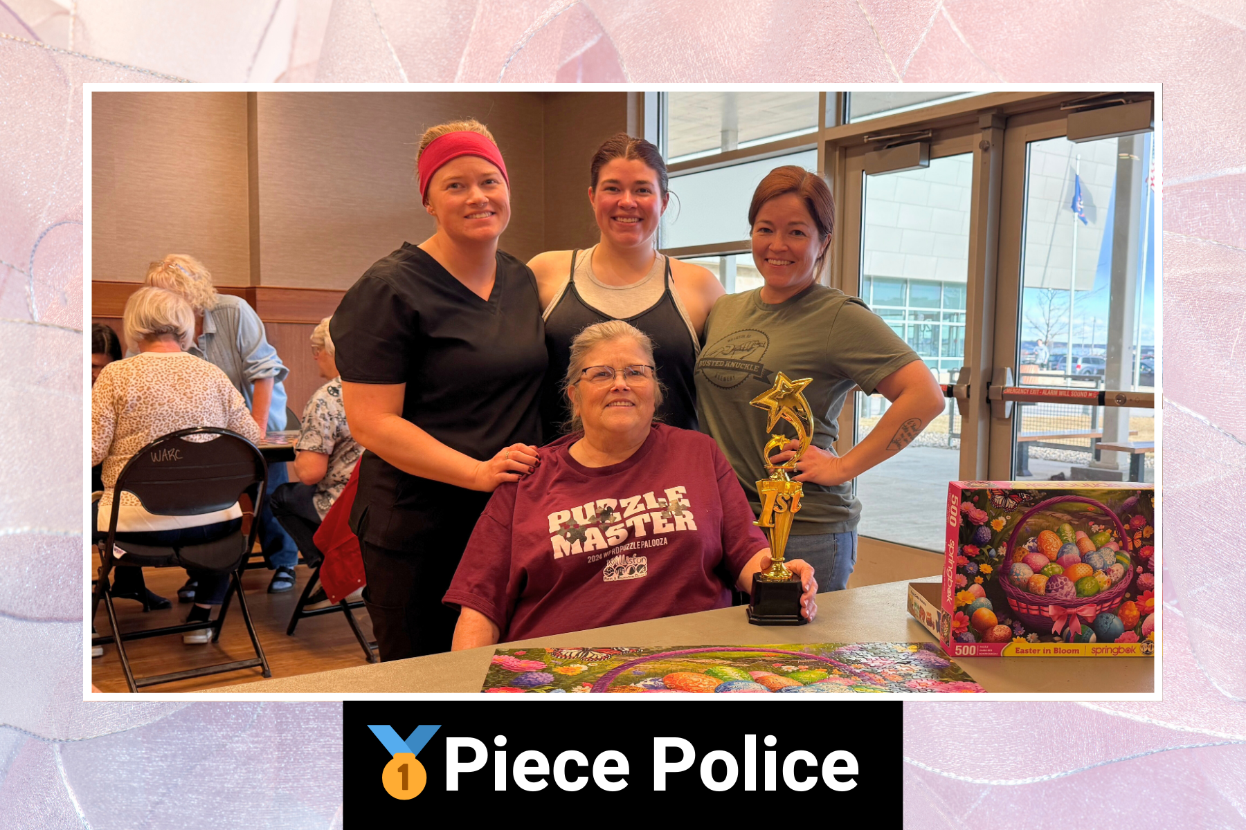 Four people with a trophy and a jigsaw puzzle. One wears a "Puzzle Master" shirt. Signs read "1st" and "Piece Police."