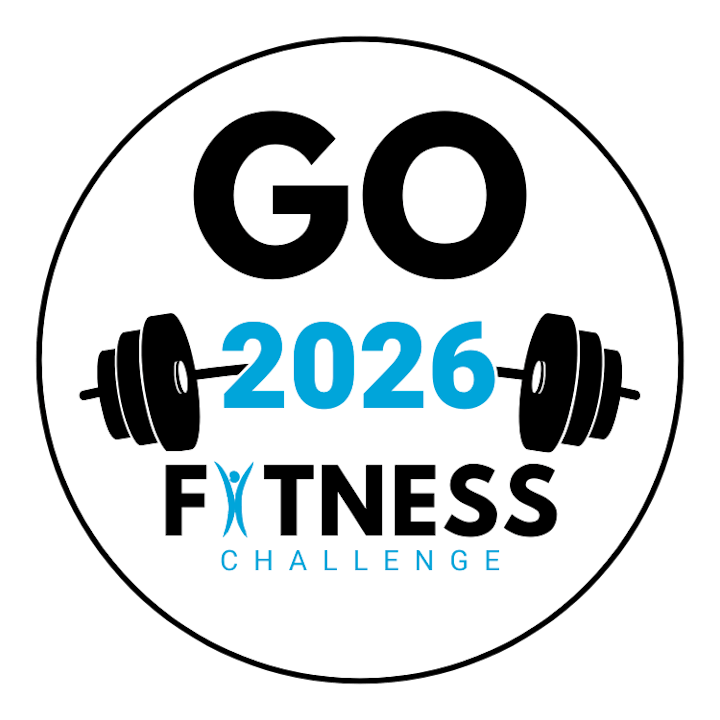 GO 2026 Fitness Challenge logo with barbell graphics.