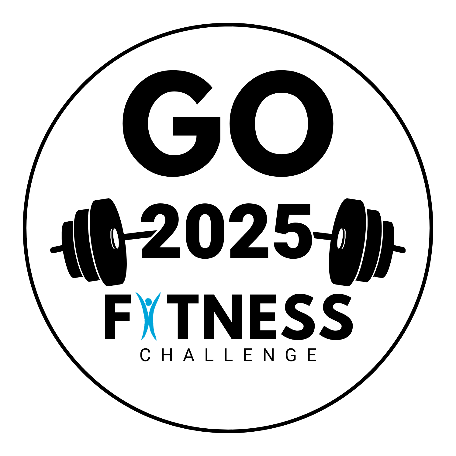 A logo with "GO 2025 FITNESS CHALLENGE," a barbell, and a stylized human figure in blue.