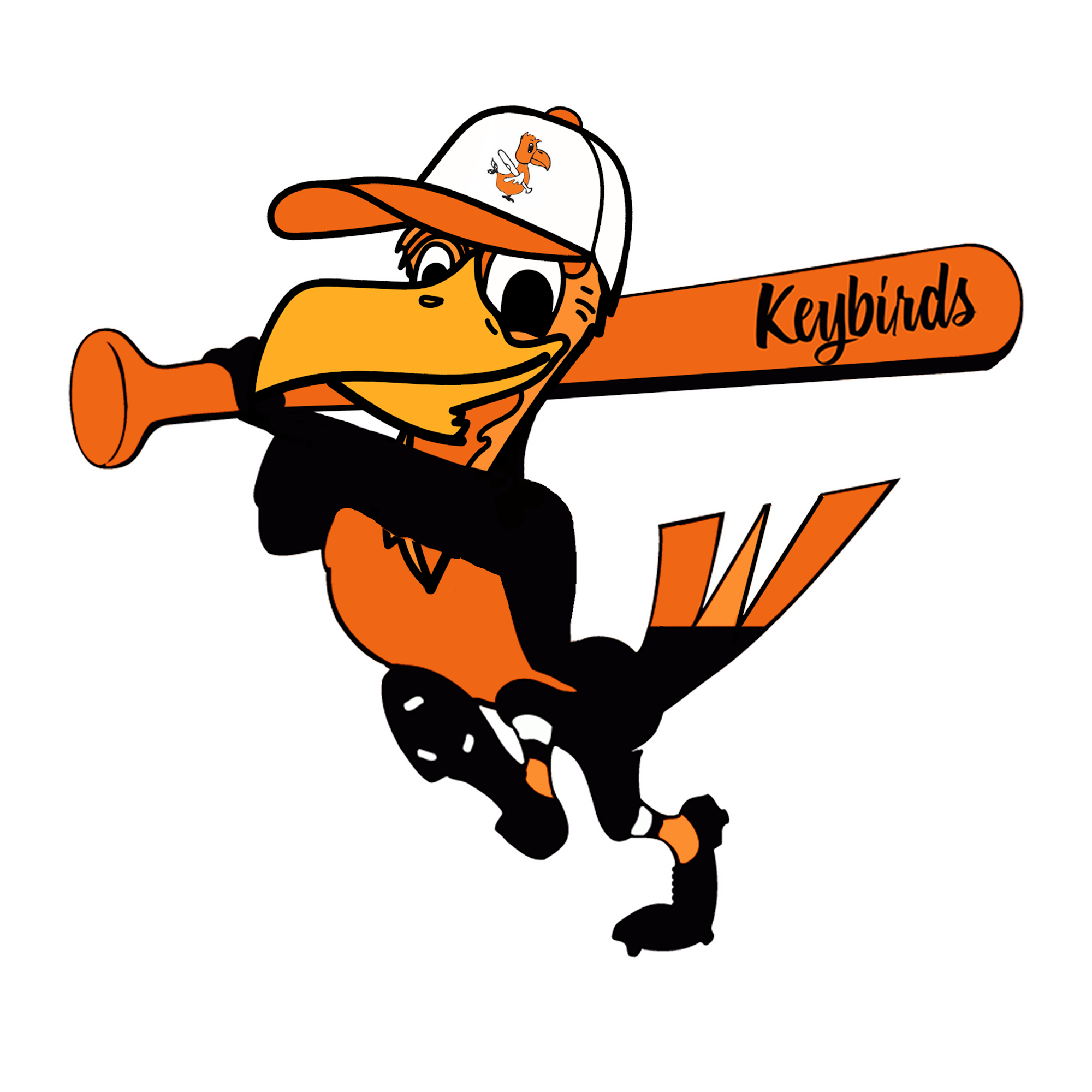 An animated bird in a baseball uniform with a bat labeled "Keybirds".