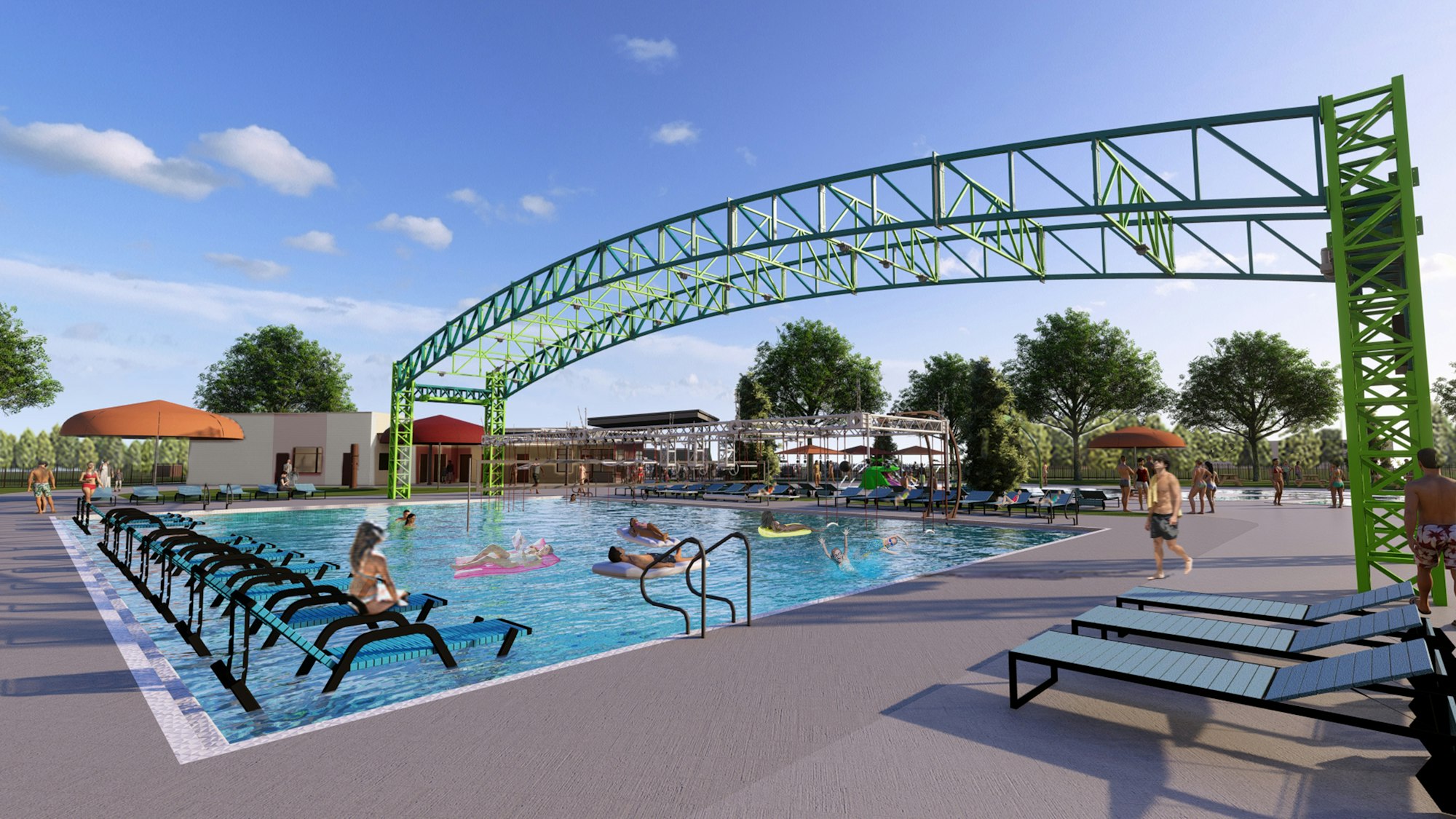 Outdoor pool with people, lounge chairs, a green metal arch, and trees under a blue sky.