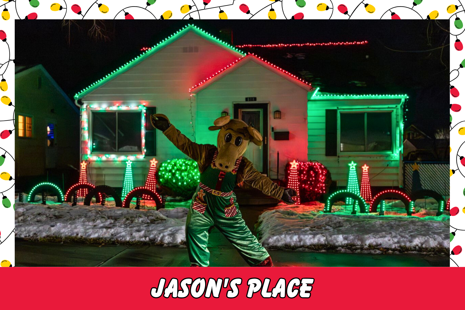 A festive house decorated with colorful lights and a person in a festive costume posing outdoors.