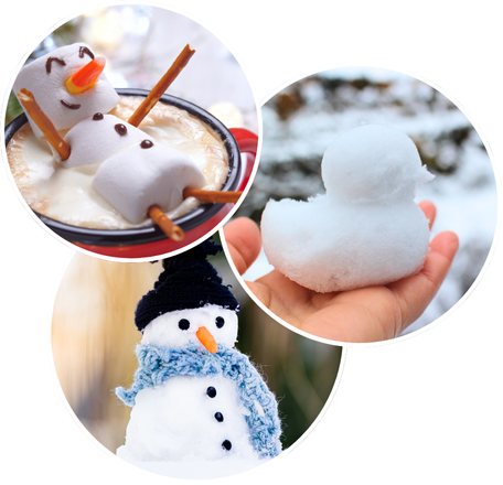 Marshmallow snowman in hot chocolate, hand holding snow duck, snowman with hat and scarf.