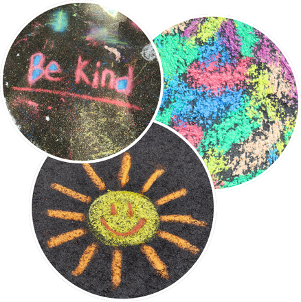 Three chalk art images: "Be Kind" text, multicolored texture, and a sun with a smiley face.