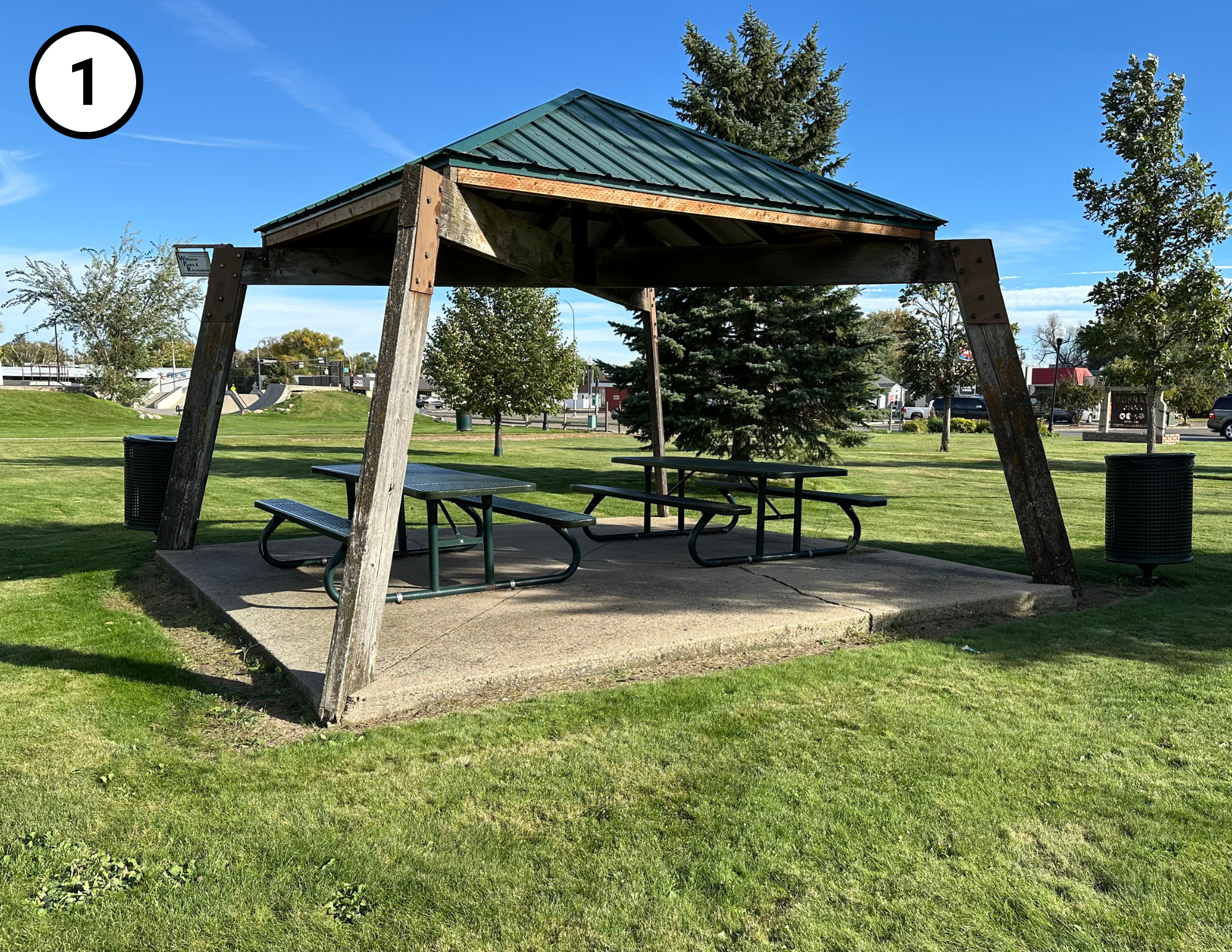 Park pavilion with green roof, two picnic tables, trash bins, and trees in a grassy area.