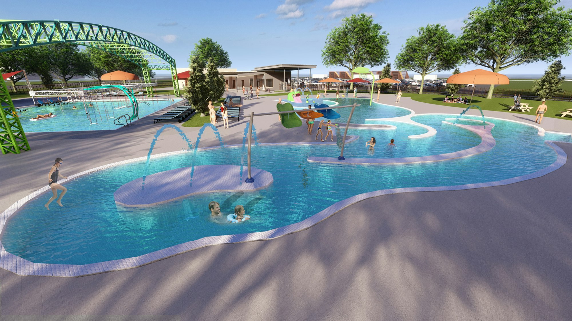 Outdoor water park with pools, slides, sprinklers, lounge chairs, and people enjoying water activities under a blue sky.
