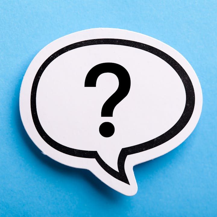 A speech bubble with a question mark on a blue background.