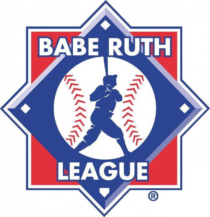 The image is a logo for the Babe Ruth League, featuring a baseball player silhouette and a diamond shape design.