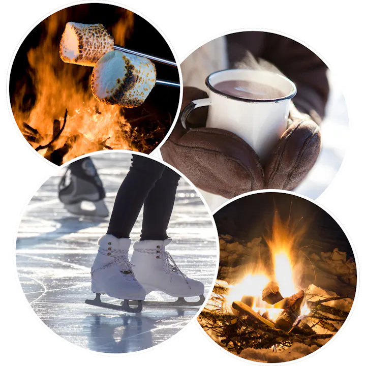 Roasting marshmallows, a mug of hot chocolate, ice skates on ice, and a campfire.