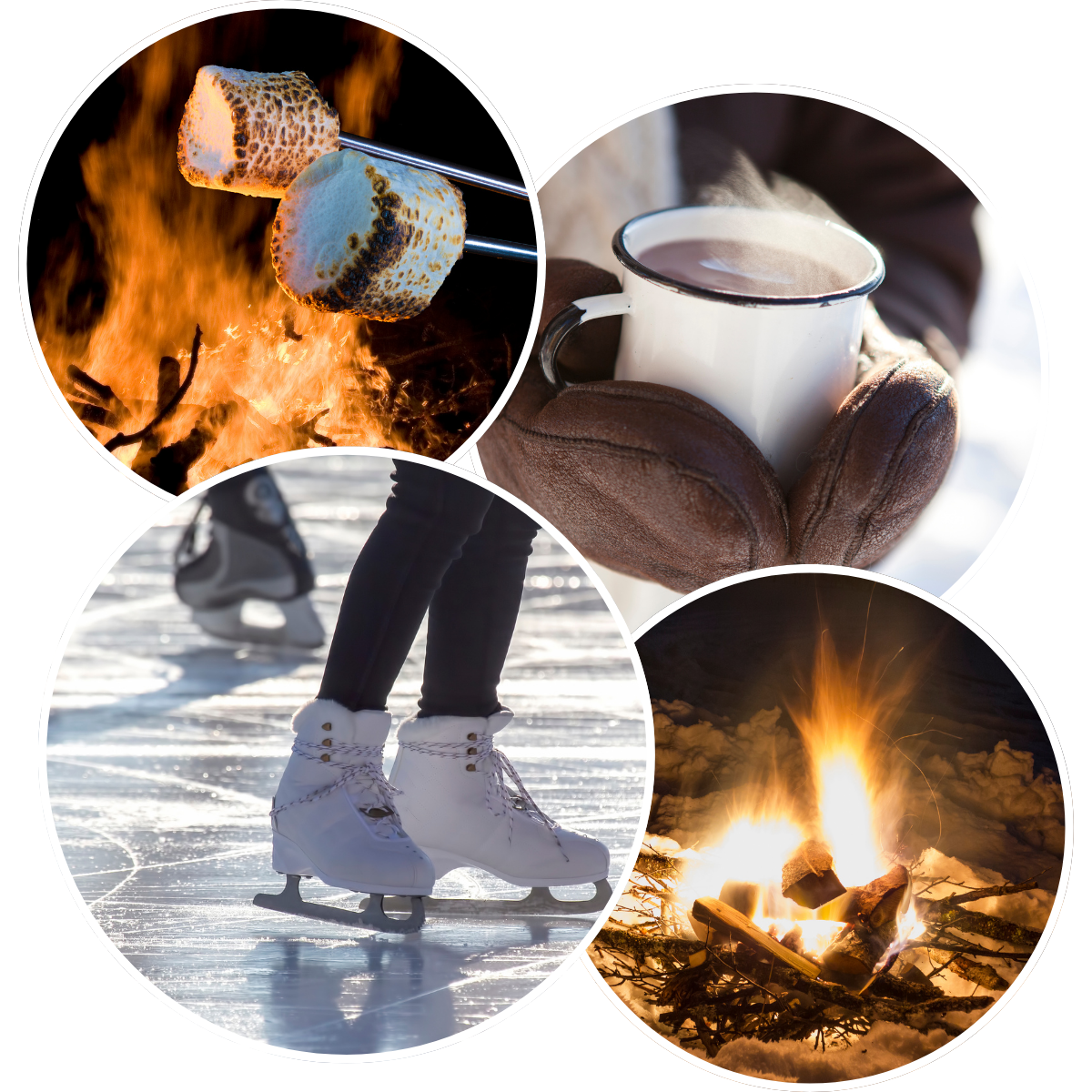 Roasting marshmallows, a mug of hot chocolate, ice skates on ice, and a campfire.