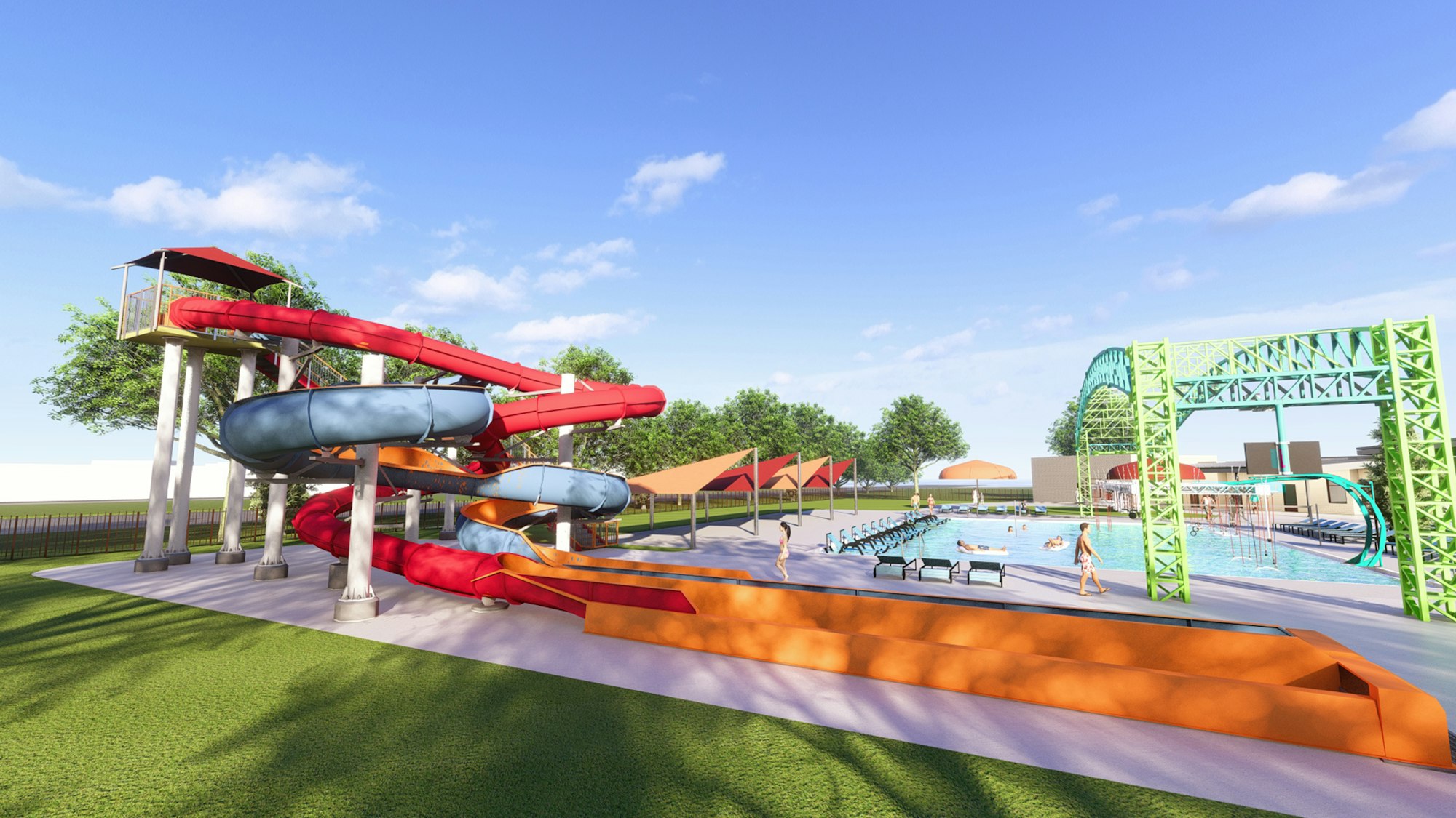 Outdoor water park with multi-colored slides, a pool, and lounge chairs under a clear blue sky.