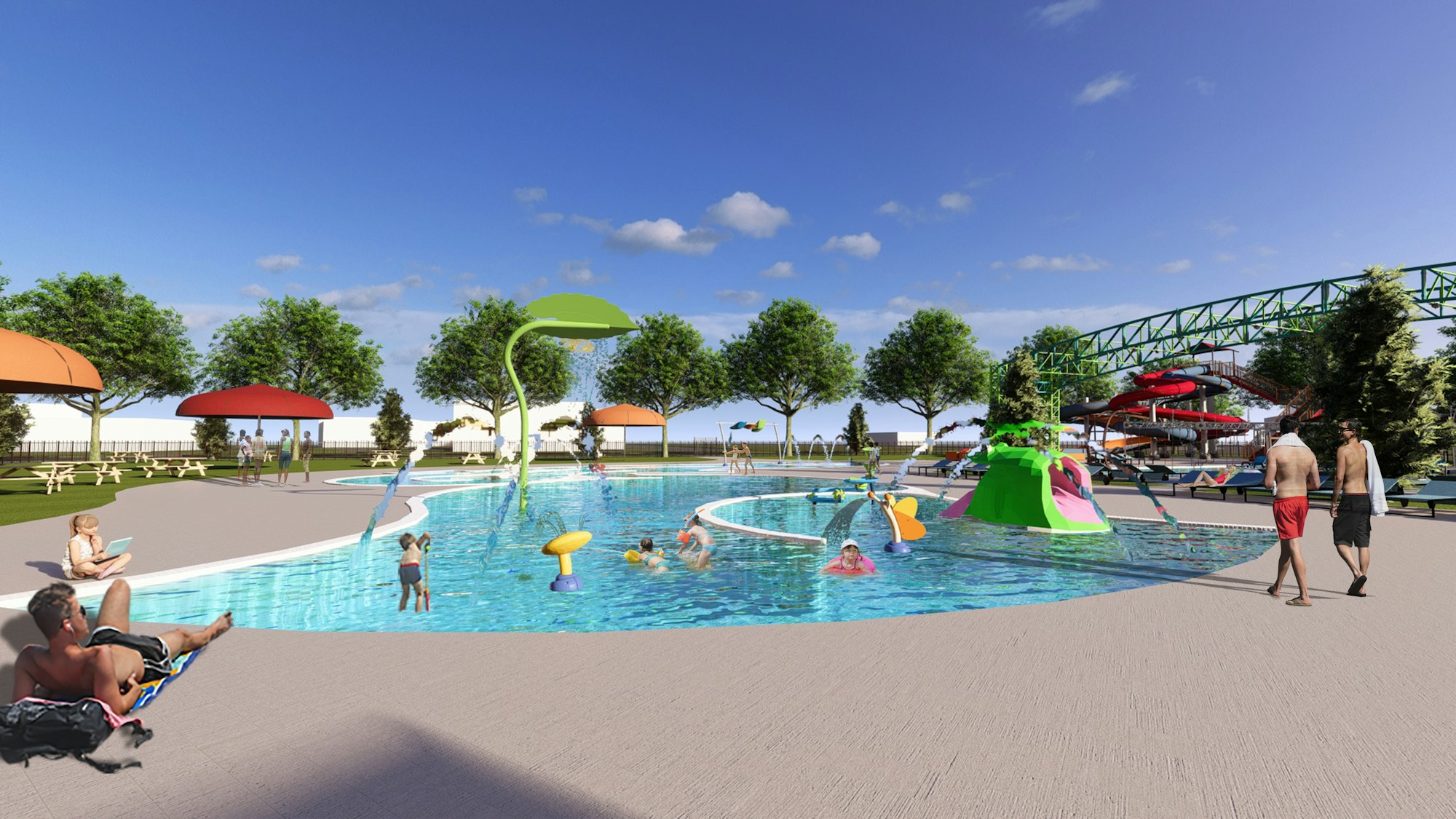 Outdoor water park with pool, slides, fountains, people sunbathing, and colorful umbrellas under a clear blue sky.