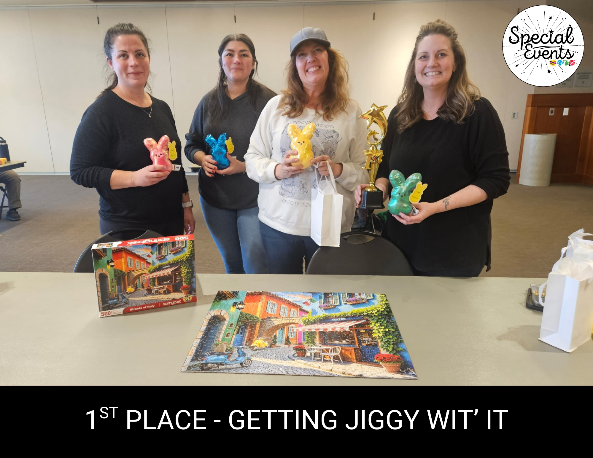 A group of four women holds colorful figurines and a trophy, celebrating their 1st place win in a "Getting Jiggy Wit' It" event.