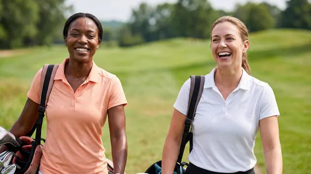 Two women are walking on a golf course, smiling and enjoying their time together, each carrying a golf bag.