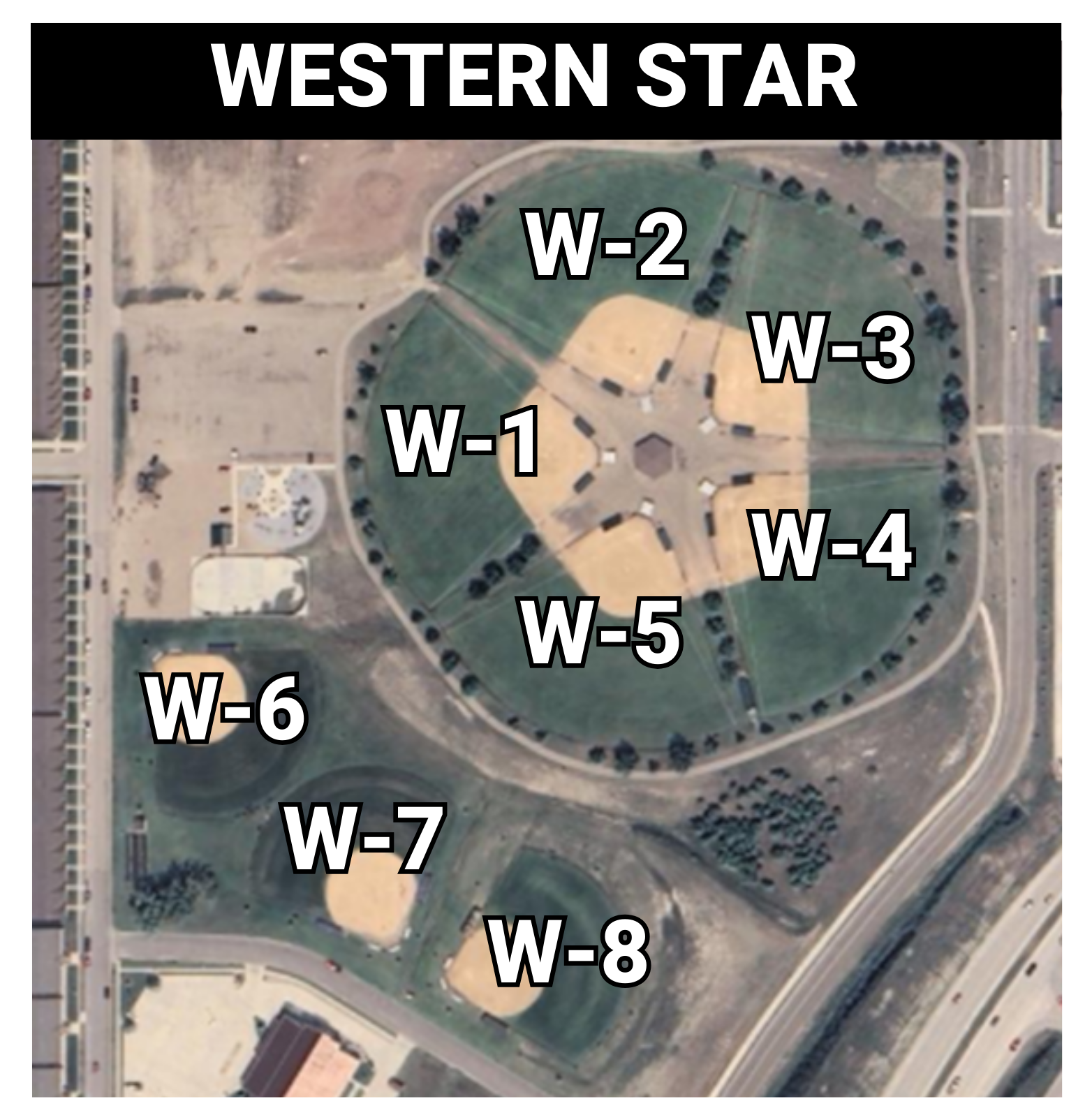 An aerial map of Western Star showing eight designated areas (W-1 to W-8), likely for sports fields or recreational use.
