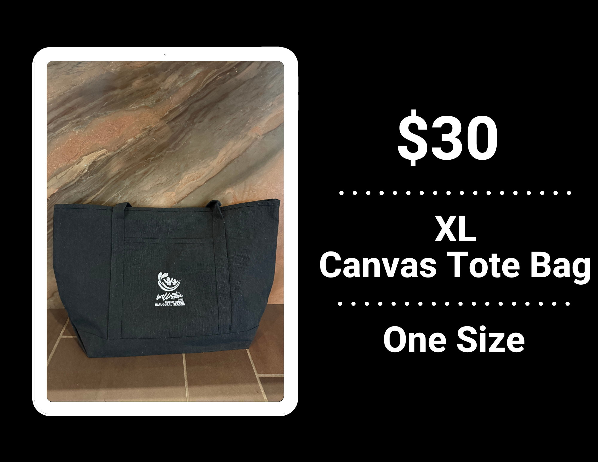 $30 XL canvas tote bag, one size, displayed with a logo in the center.