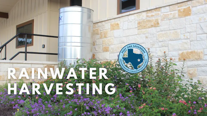 The image features a rainwater harvesting system, with a water tank and flowers, alongside a logo for a groundwater conservation district.