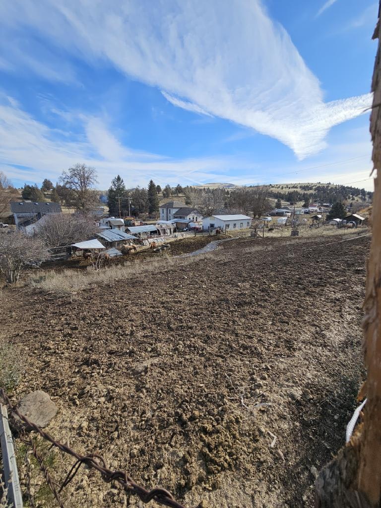 A rural scene with houses, a field, trees, and a bright blue sky with wispy clouds.