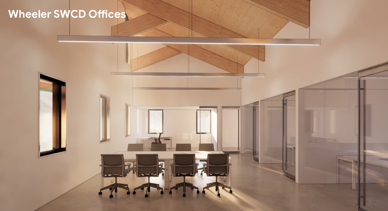 Modern office interior with desks, chairs, and glass partitions, with text "Wheeler SWCD Offices" on top.