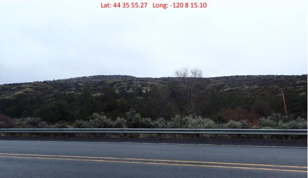A road with guardrail, shrubs, hill in the background, and GPS coordinates on top.