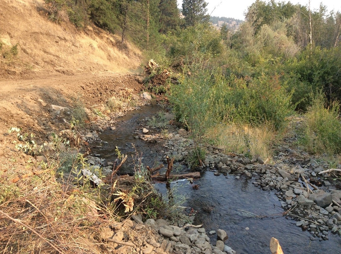 A stream meandering through a rocky landscape with sparse vegetation on a sunny day.
