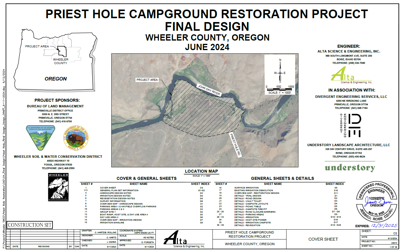 Final design plan for Priest Hole Campground restoration in Wheeler County, Oregon, dated June 2024. Includes logos, map, and project details.
