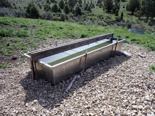 A metal water trough for animals in a rural setting, surrounded by rocks and grassy hills.