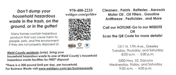 Household hazardous waste disposal info for Weld County residents, including locations, accepted items, and contact details.