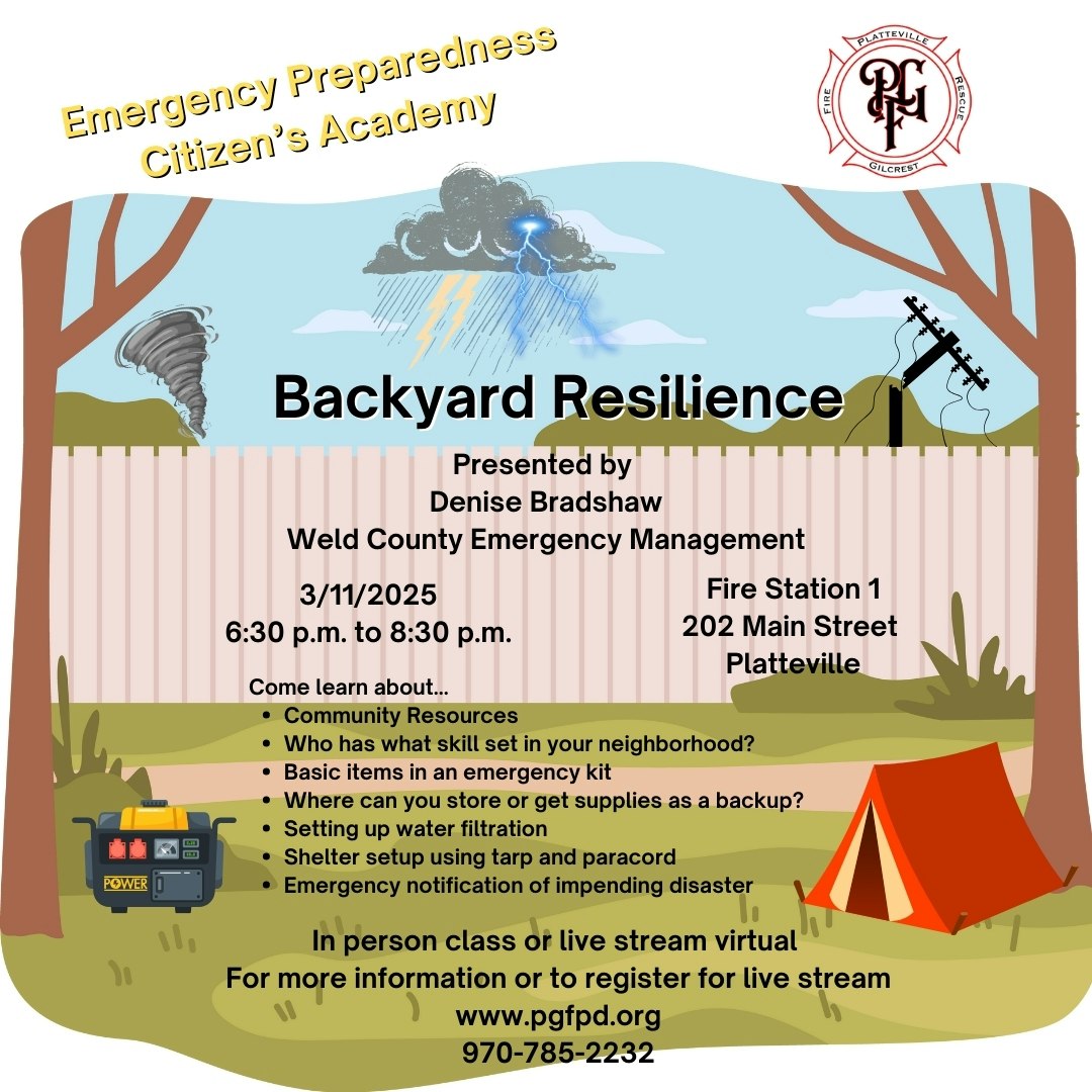 Backyard Resilience event on 3/11/2025, 6:30-8:30 pm at Fire Station 1, Platteville. Learn emergency preparedness. Info: www.pgfpd.org.