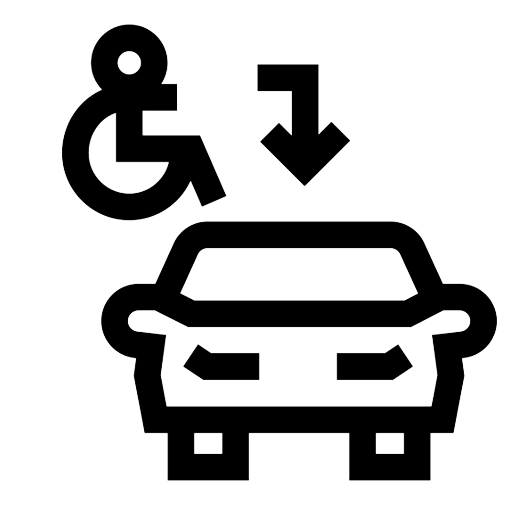 Icon for an accessible parking space featuring a wheelchair symbol and a car.