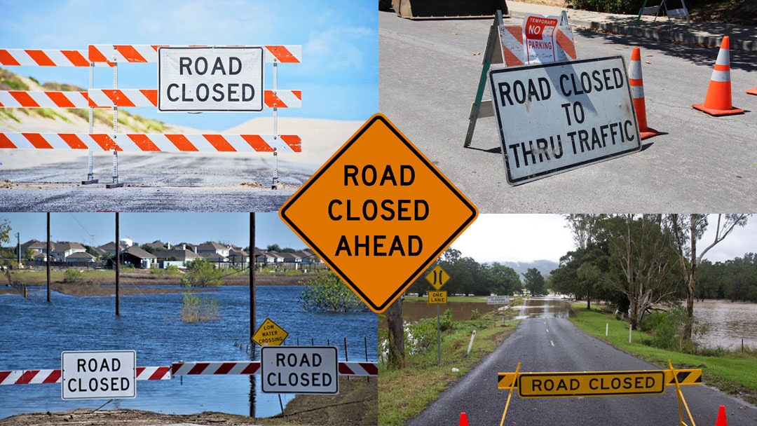 A collage of "Road Closed" signs in various settings, indicating street blockages.