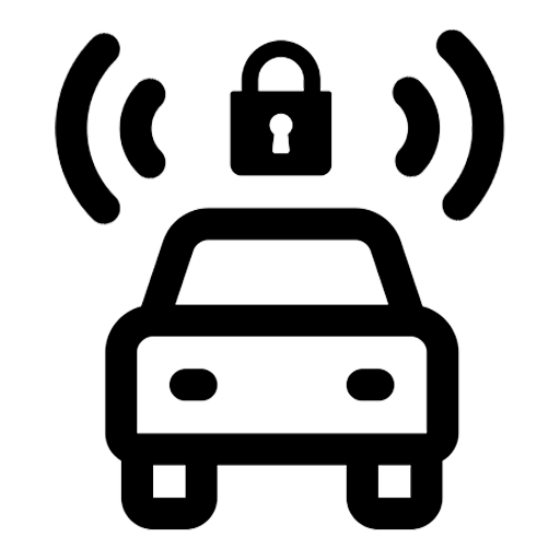 Car with a lock and wireless signals, indicating remote locking or security system.