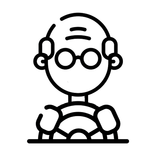 Outlined drawing of a character with glasses and headphones.