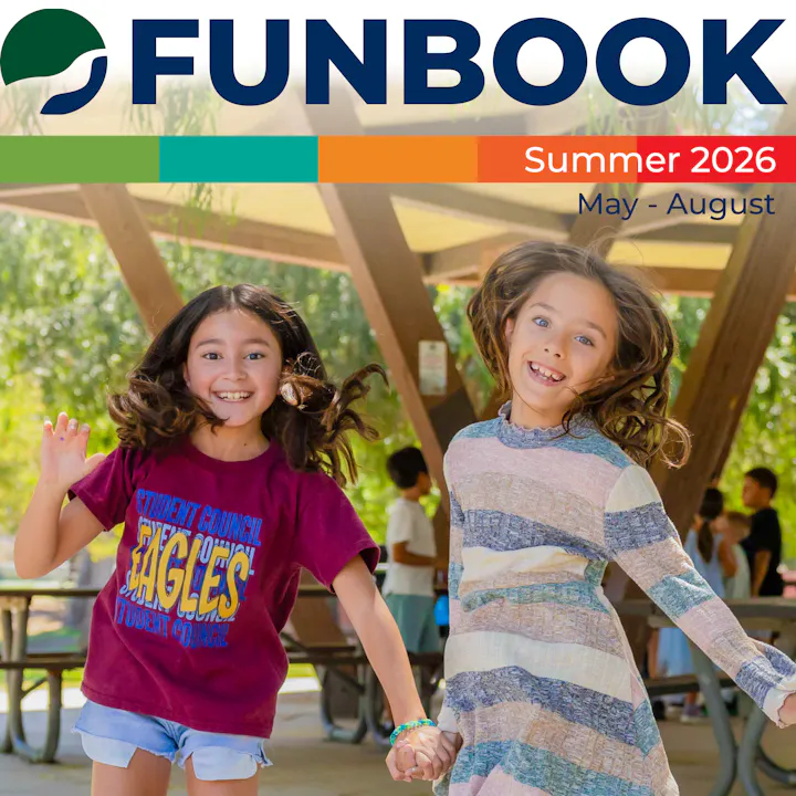 A summer fun program promotional image featuring two joyful girls holding hands and playing outside, with the title "FUNBOOK Summer 2026."