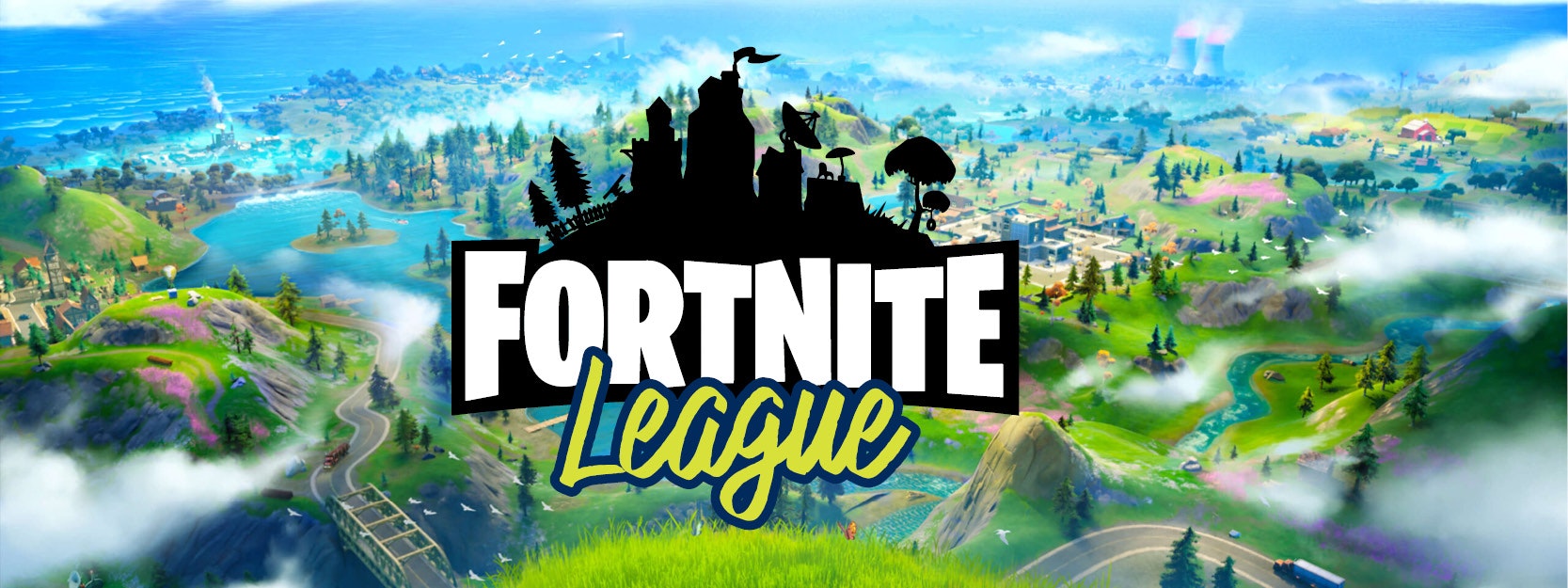 "Fortnite League" logo over a vibrant, colorful landscape with hills, rivers, and buildings.