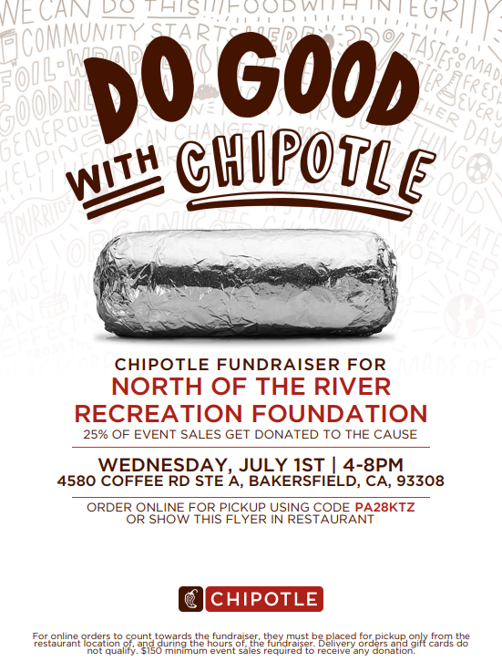 Chipotle fundraiser for North of the River Recreation Foundation on July 1st, 4-8 PM. 25% of sales donated.