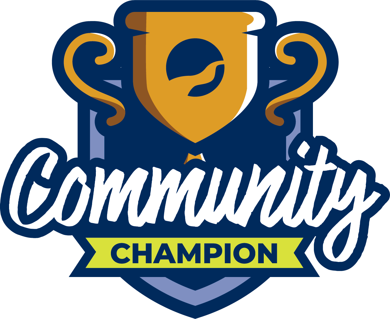 The image features a logo that reads "Community Champion" with a shield and trophy design.
