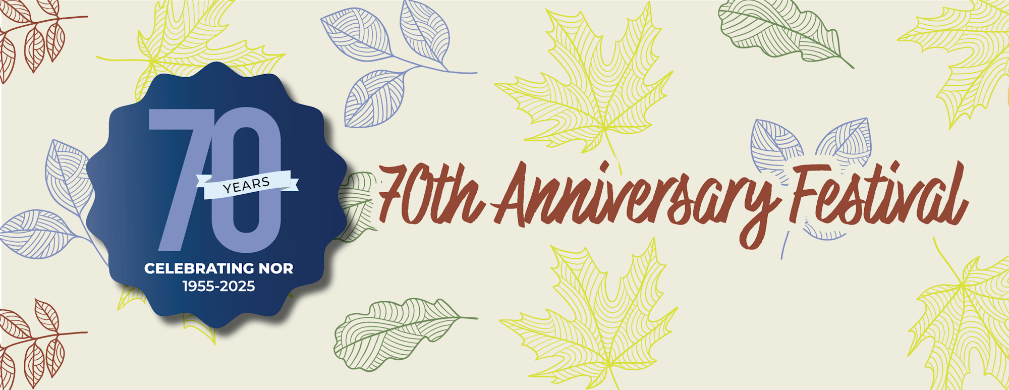 "70th Anniversary Festival 1955-2025 celebration with colorful leaf illustrations."