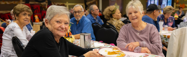 Elderly people enjoying a meal together at a gathering with tables and festive decorations.