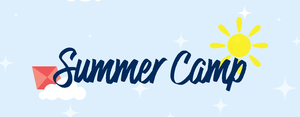 The image features the phrase "Summer Camp" styled with a sun, clouds, and a colorful envelope against a light blue background.