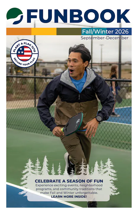 The image features a man playing pickleball with text promoting a Fall/Winter 2026 community fun guide and events.
